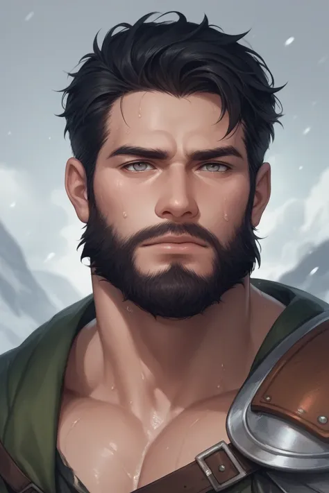 a hardened warrior, early 40s, beard, worn, medium length messy black hair, handsome, grey eyes, cold expression, no sweat 