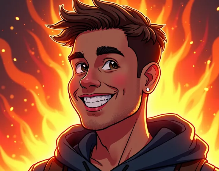 Here’s a detailed prompt to generate an image like the one you shared:

"Create a vibrant and engaging thumbnail-style digital illustration. The composition features a stylized caricature of a smiling man with short brown hair, wearing a dark hoodie. The b...