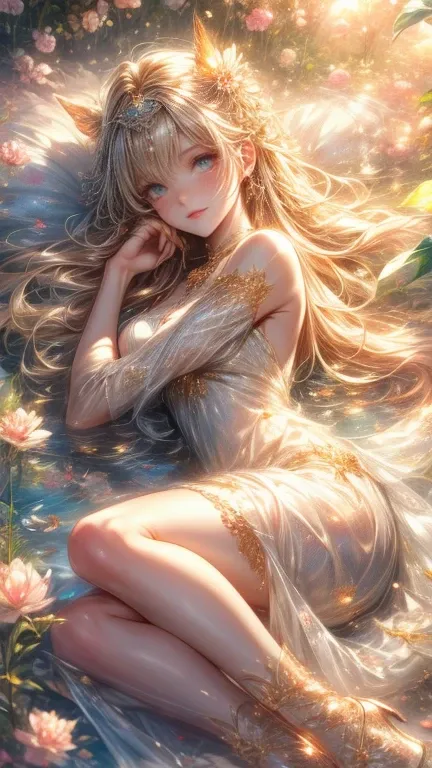 fantasic illustration, masterpiece:1.2, highest quality, highres, 16k, beautiful detailed, ultra-realistic, photo realistic:1.37,  beautiful cute 
firefly spirit princess, lying back in meadow lake, growing golden eyes, shining pupils, blushed cheek, shiny...