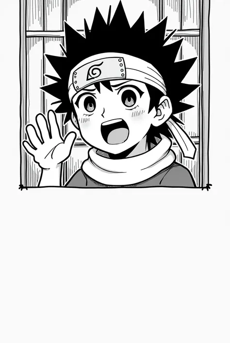 Image is a black and white manga-style illustration featuring a character with spiky hair and a headband. The character has light skin and expressive eyes, with an open mouth suggesting they are speaking or shouting. They are wearing a scarf around their n...