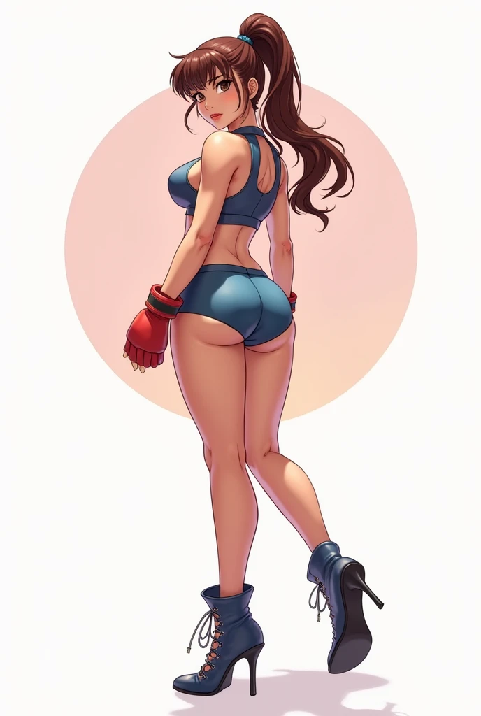 Chun li, brown eyes, brown hair, pigtail style hair, blue mini skirt, crop top, posing from behind, showing butt cheeks, big breasts, Anime style, white circle background