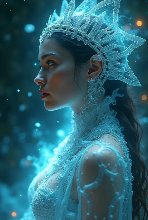 The goddess, Fortuna, white eyes, head to breast, bioluminescent cybernetics. High Resolution, Masterpiece, Award Winning, Best Quality, High Details, High Quality, UHD, Optical Illusion, Impressionism, Art Deco, Cinematic, Cinematography, Futurism, Hyperr...