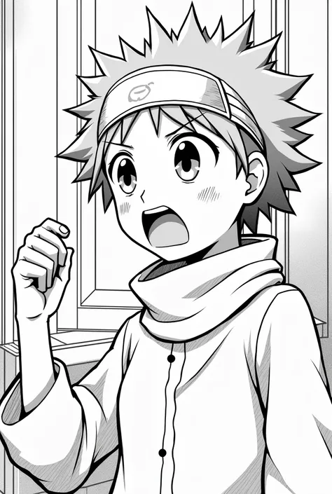 Image is a black and white manga-style illustration featuring a character with spiky hair and a headband. The character has light skin and expressive eyes, with an open mouth suggesting they are speaking or shouting. They are wearing a scarf around their n...