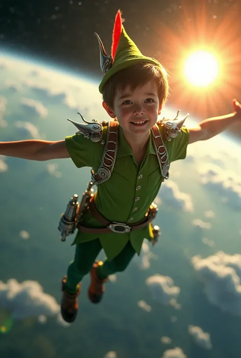 peter pan, detalles tecnológicos en el traje,flying through space near the earth, illuminated by the radiant sun in the background of the image, 8K, hyperrealism, masterpiece