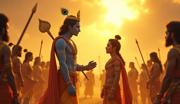 "A battlefield illuminated by golden light, with Krishna guiding Arjuna, the warriors frozen in awe as Krishna’s divine energy radiates wisdom." Make in cartoon and realistic with cinematic and 16k quality and make his body aesthetic and his body colour sh...