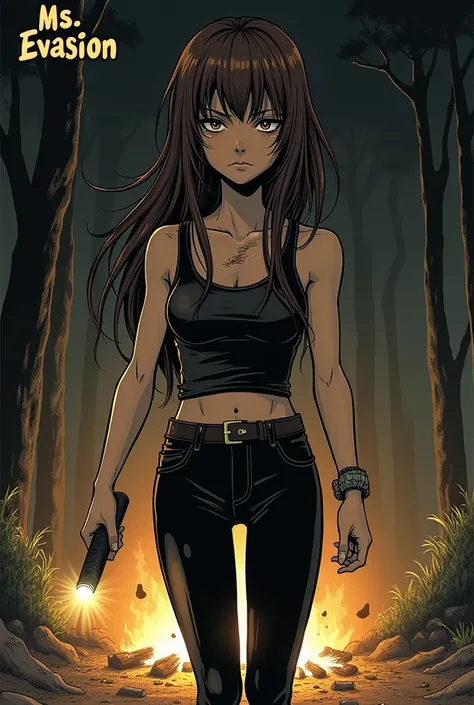 In the style of Junji Ito, Junji ito Manga type image, girl, tight black tank top crop top, black leggings, serious, determined, long length brown hair, long bangs, carrying a flashlight in her left hand, slightly dirty, slightly injured, clothes slightly ...