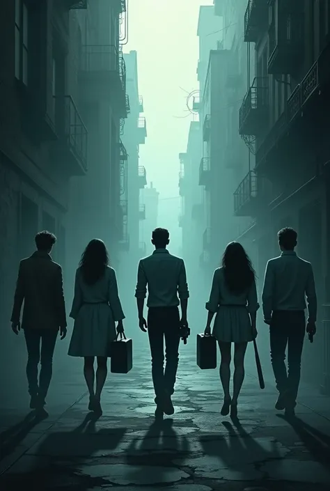 I need an image that fits a game of , mystery, terror, adventure, roll, Its a group of friends 3 women and 3 men I need it to be all kinds of shadows that they are like entering a type of ruined city but still habitable but that the characters cant be seen...