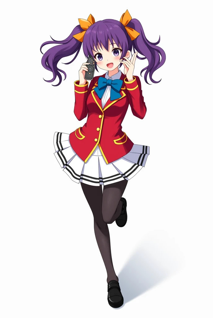 Teenage anime girl with purple hair and with orange pigtails and purple eyes and with red blazer and deep blue ribbon and gold lines and gold buttons and short white pleated skirt :
 With a simple design but with black decorative lines on the bottom edge a...