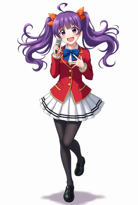 Teenage anime girl with purple hair and with orange pigtails and purple eyes and with red blazer and deep blue ribbon and gold lines and gold buttons and short white pleated skirt :
 With a simple design but with black decorative lines on the bottom edge a...