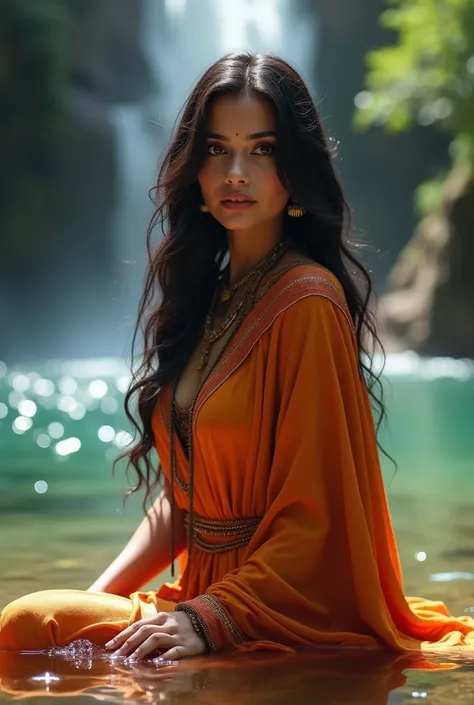 Portrait of A confident-looking indian woman with long flowing hair, hazel eyes, with flowing colourful capes, c-cup breast, perfect fit body and shape, sitting in water, waterfall background, bokeh, bokeh perfect composition, hyperrealistic, super detaile...