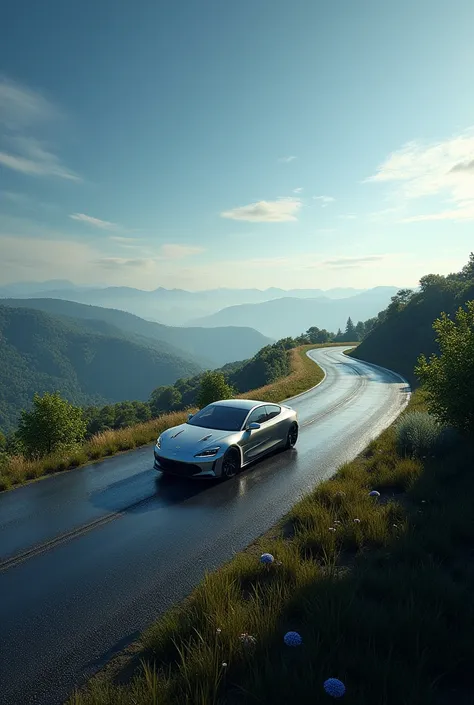 A car on a road and from the sky a space satellite as if watching the car 