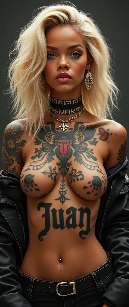 Rihanna blonde tattooed the word Juan on her chest