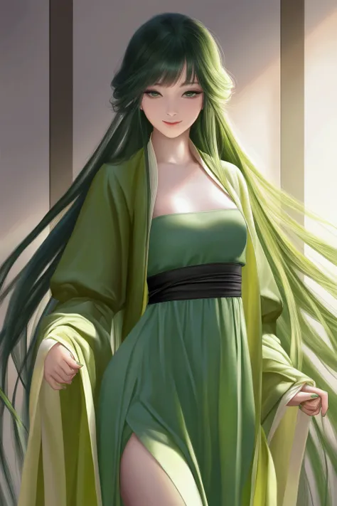 green hair ,green hanfu, small breasts, very long hair, seductive smile, masterpiece, best quality, realistic, 8k, official art, cinematic light, ultra high res, perfect female body, sharp focus, guofeng, 1girl, solo, chinese clothes, realistic, nail polis...