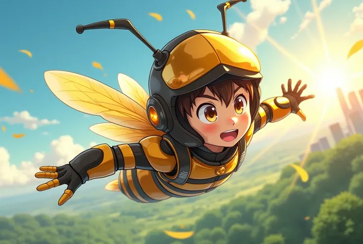 Create a 4K-quality anime-style illustration of an energetic young boy wearing a honeybee-inspired robotic suit, cutting through the wind at high speed as he soars through the sky, delivering honey from a distant forest to a bustling city. The suit feature...