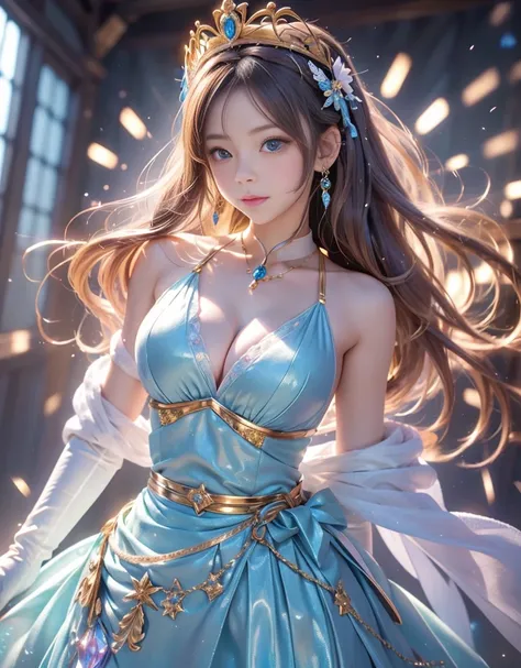 8k,    super high resolution,     Masterpiece    ,     top quality, Golden Goddess　((whole body)), Happy Pace    , とても  long hair, Big Breasts, Decoration    dress, very beautiful Decoration    dress, ShineピンクのDecoration的なプリンセス   dressを着ている (()), 光沢メッシュ   ...