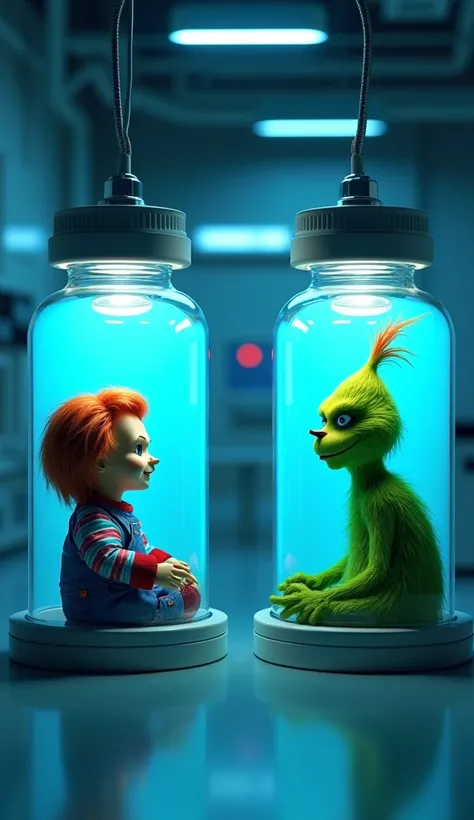 illuminated by a soft blue glow . A Chucky is calmly inside one of the adjacent containers watching the Grinch in an adjacent container.  The laboratory has a clean and sterile atmosphere ,  with industrial lighting suspended from the ceiling and a high-te...