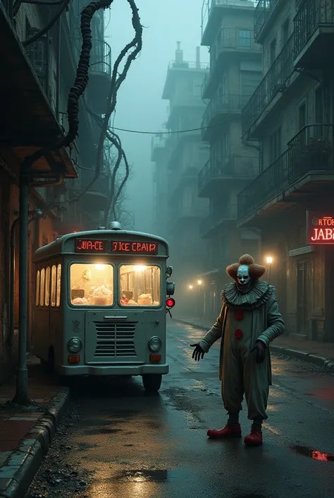 Dark creepy street with ice cream truck and creepy clown, Twisted Metal, Sweet Tooth