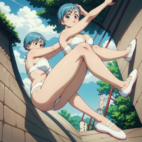 Bulma in white bikini,climbing,Big Breasts,White ballet shoes