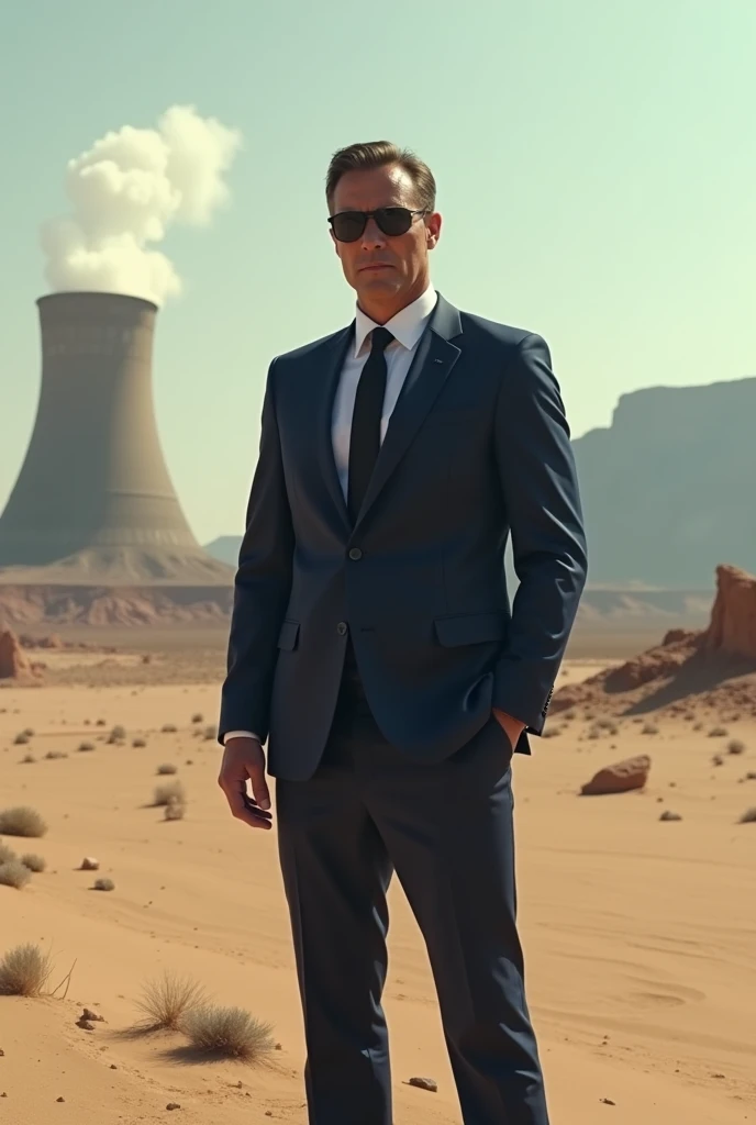 Epic man in blue office suit, serieus face, black dark sunglasses, standing in static position, he is standing in a desert nearby an explosief radiostation 