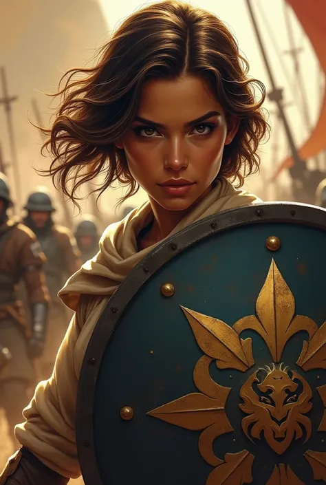  A portrait of a beautiful woman with short brown hair with caramel-colored highlights,  black eyes with Arabian features  ,  with a shield on the chest of Lizs flower in gold , like a hero at war ,  fighting for her crew 