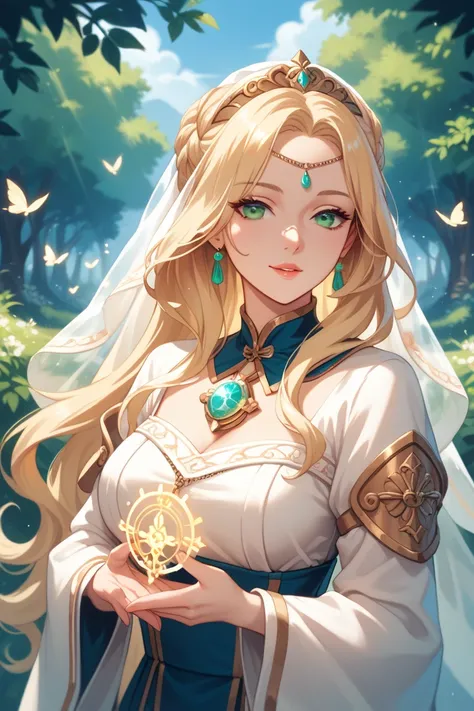 A beautiful female priest with a gentle and kind aura, wearing a white and blue ceremonial robe adorned with golden patterns. She has long, flowing blonde hair and deep green eyes that convey purity and wisdom. She holds a glowing magical amulet in her han...