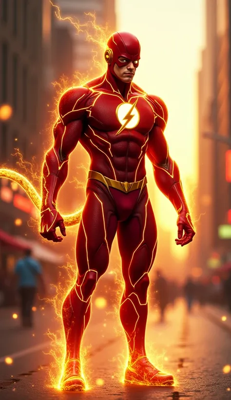 A dynamic hybrid character combining the speedster Flash and a cheetah. The figure stands tall with sleek, muscular features blending human anatomy with cheetah-like traits, including spotted fur and a streamlined tail. The characters outfit is a fusion of...