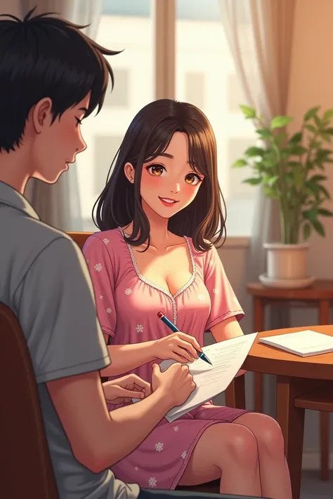 A white cute teen tuition teacher, sutting in a chair, near a table, wearing rose colour flower designed night dress, correcting answer paper,1 student standing near her, staring on her cleavage, teacher also know that