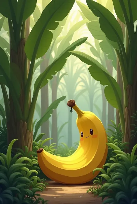 Benny is a bnana in a cozy grove, sitting among tall banana trees with soft, green leaves, with a gentle breeze moving the leaves. The scene feels peaceful and magical.