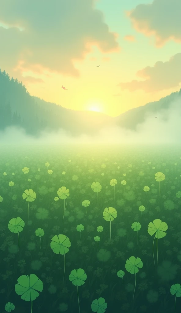 Please draw a background of morning fog on a clover field with the sun rising. Please draw it like a 2D animation.