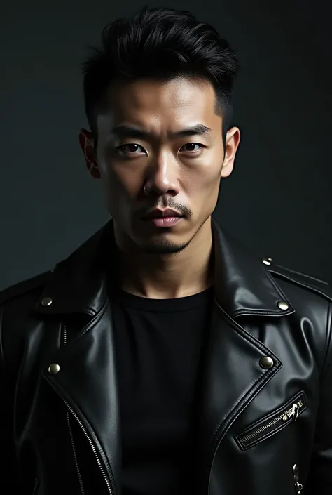 Asian male face in leather jacket with body facing forward