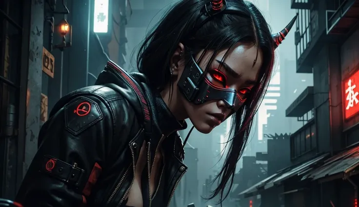 Sexy cyberpunk-style girl wearing an oni mask in a dystopian cyberpunk house
