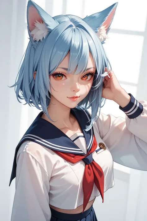 female,  light blue hair,  red eyes, Fox ears, whole body, Sailor suit