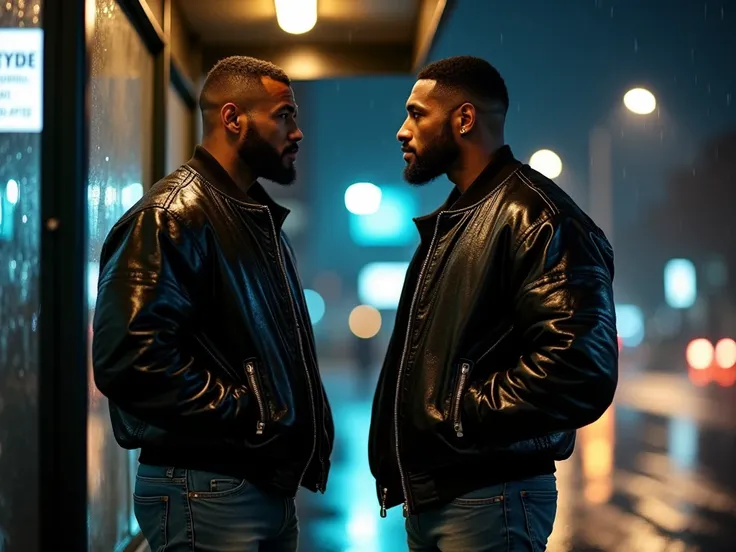 Two wet dark-skinned African-American brutal tattooed bodybuilders in wet trendy black shiny over-size bomber jackets and light-colored jeans stand at a bus stop at night and look at each other, rain, wet, wet glass, dark