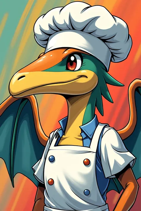 Portrait of a pterosaur dressed as a chef in Pokémon manga style