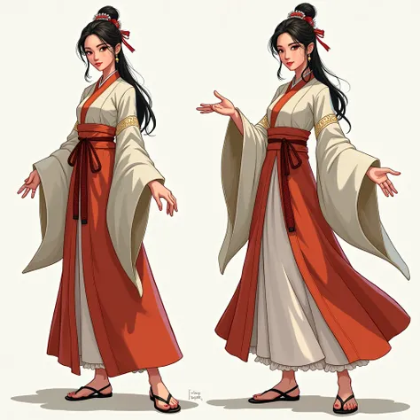 Create a new illustration of the female character in traditional Chinese attire, drawing inspiration from the provided image. Modify the characters pose, expression, and details of the costume to give it a fresh, unique interpretation while maintaining the...