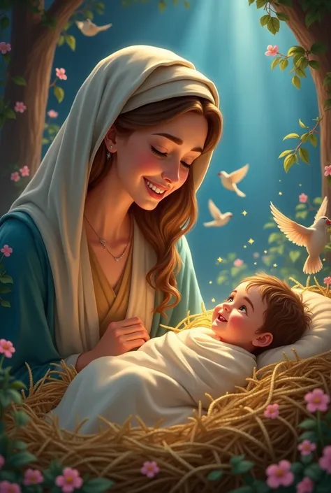 Create a Disney-style image of Mary inside the crib with tears of joy when she sees the  God born among straws and flowers and there are little birds singing around her 