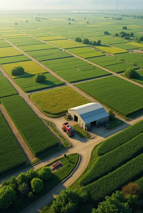 Generate an image of a whole square farm layout for about 15,000 ha. 1 ha for corn, with shed storage and business office and space for machineries like combine harvester,  With road for transportation and shrubs but without text or any words.