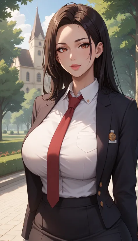 ((masterpiece)), Highest quality, Very detailed, master piece, best quality, masterpiece, best quality, amazing quality, very aesthetic, absurdres, newest, scenery, 1girl, solo, huge breasts, black hair, long hair, brown eyes, red eyes, lips, (forehead:0.8...