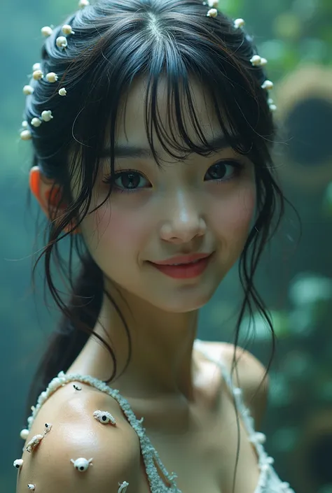  Japanese Girl 、Barnacles that parasitize on her body、((Tritophobia))、 high definition ,  smiles,  top quality,   High Details ,  Ultra High Definition,  textured skin, live-action、reality、many small shellfish parasitizing on all ove the her body