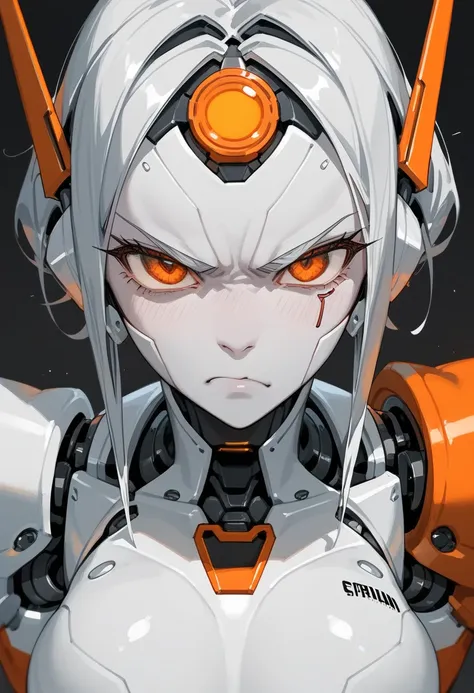 1 robot girl, machine, distorted, grey skin, orange eyes, glaring, no mouth,