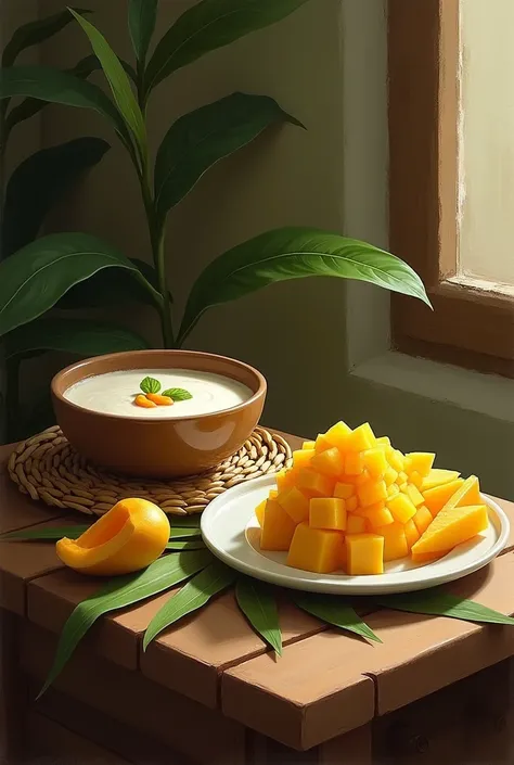 On the table there is a plate of pulp ,  pieces of mango and a bowl of coconut milk based on banana leaves . Next to it there is an unpeeled mango seed.

 Describe the situation from a distance by emphasizing the composition ,room,shape and braid

Painting