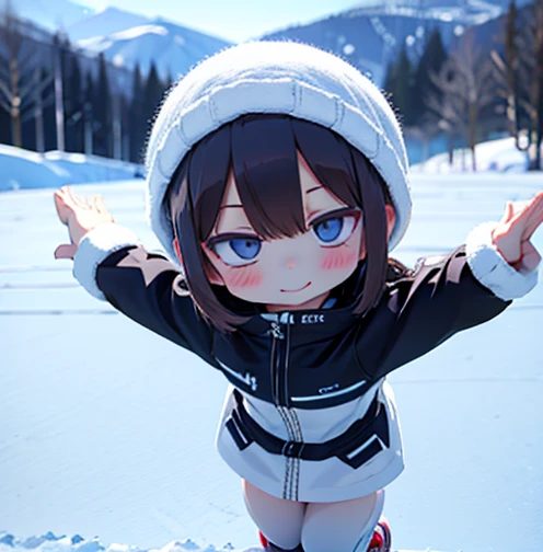 girl jumping into snow field、A smile、Warm clothing、Ski Wear、Its snowing、sleeping face down on the snow floor