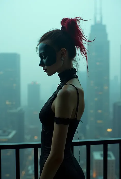 Give everything to art，girl、spooky、Masked、 very exquisite and beautiful 、 colorful、 standing on the balcony ，Overlooking the futuristic city , Foggy morning, Movie Stills, Blade Runner 2049, Punk Hairstyle, Altered Carbon, (Analog style)1.3 (Film Grain)1.3...