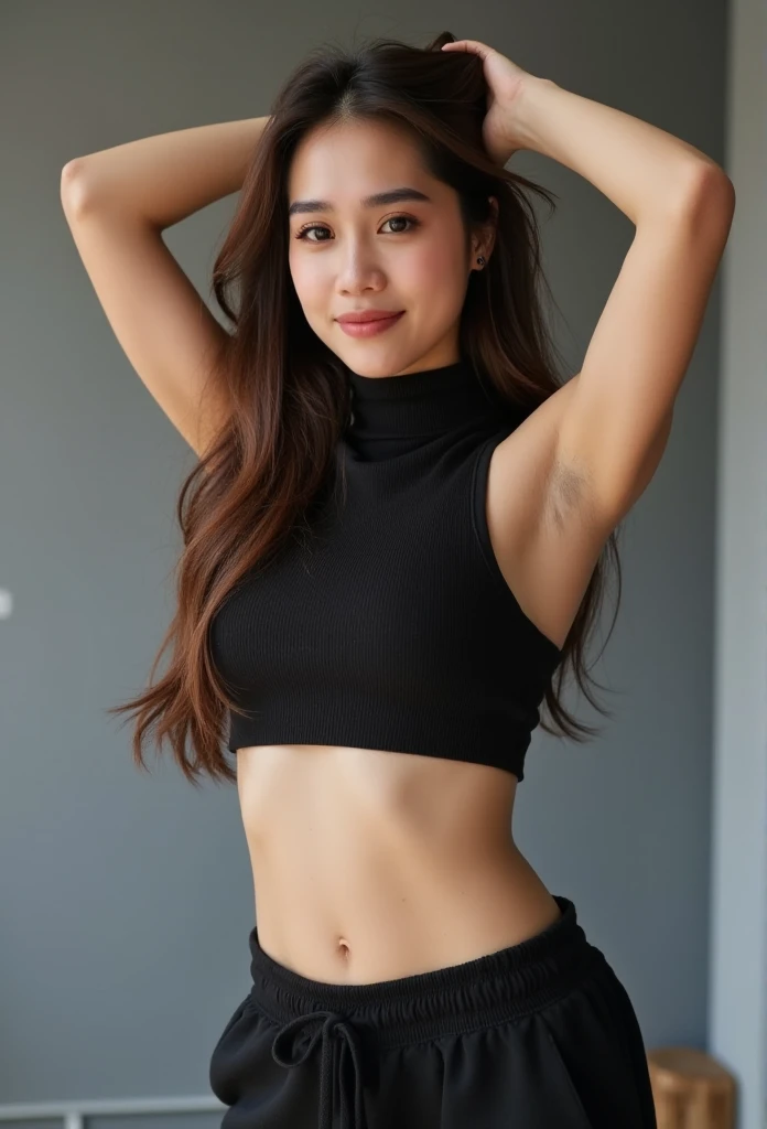 Beautiful 25-year-old young woman, long hair, 4K high definition masterpiece, excellent quality, smooth skin, clear focus (natural light, beautiful light, very good light), dynamic angle, face details, natural breasts, wearing a high-neck crop top, black s...