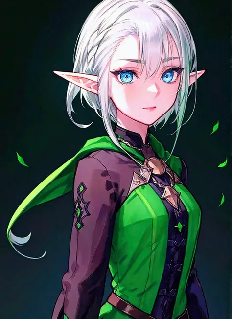 Black background with spotlight 、Green clothing、 short silver hair braided in Rinwell style、 pointed ears、Elf、 blue eyes、 Rough Outfit 、 long lashes