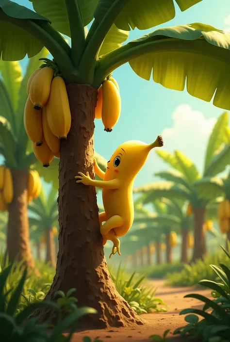 Little tiny bnana boy climbing a banana tree, plucking a ripe banana from a branch, with focus and determination. The background shows a vibrant farm with rows of banana trees.