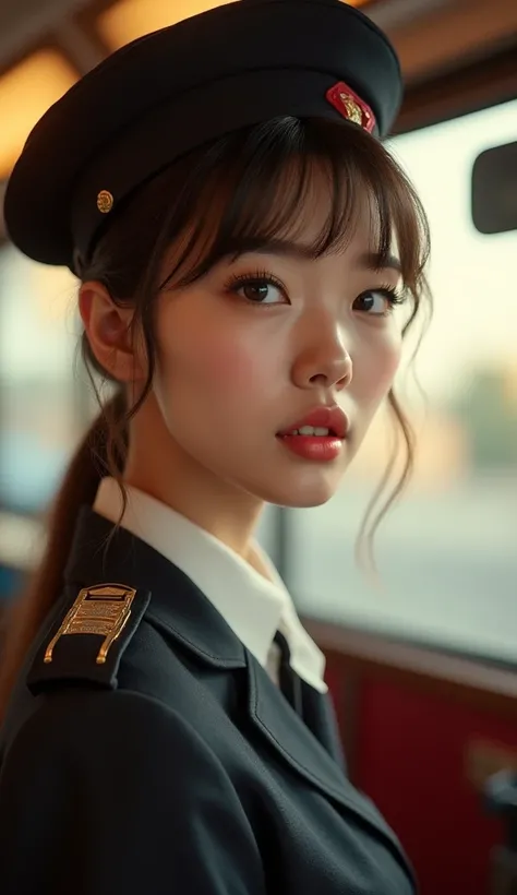 A beautiful young female bus conductor, exquisite detailed portrait, beautiful eyes, luscious lips, porcelain skin, long eyelashes, intricate hairstyle, elegant uniform, warm lighting, photorealistic, highly detailed, cinematic composition, masterpiece, 8k...