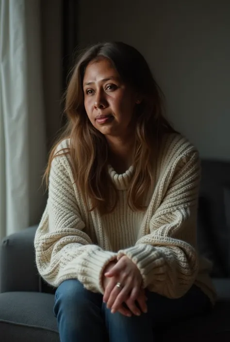 woman sitting looking straight ahead with sweater hands down