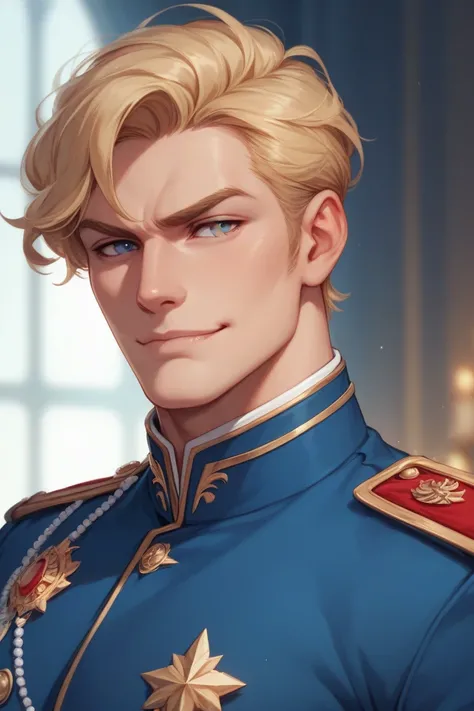 a king, early 20s, proud, closed lip smirk, handsome, blonde hair, grey eyes, regal blue military outfit