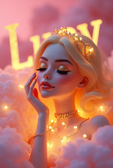 A woman Barbie style 3d with golden glitter makeup,covered in glowing fairy lights and surrounded by delicate gold threads. Her eyes were closed as she held her hand against her face,creating an enchanting atmosphere that radiated warmth shes laying down i...